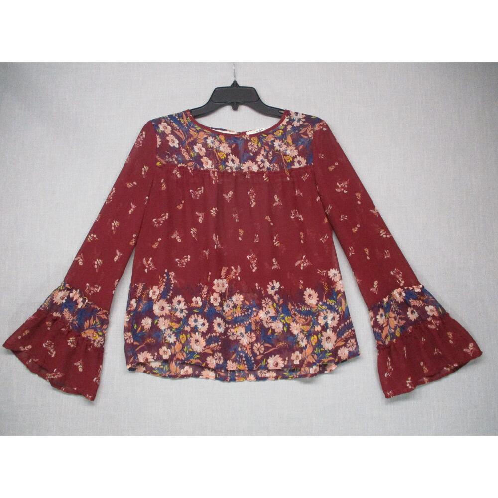 Jolt‎ BOHO Sheer Red Bohemian Bell Sleeve Floral Print Blouse Womens Size Medium